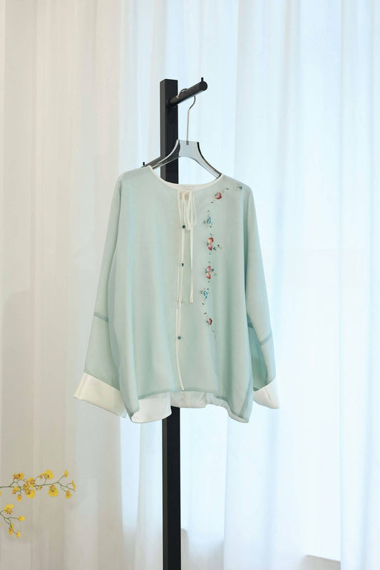 Pale Green Hand-Embroidered Sheer Blouse 淺綠手繡紗薄上衣