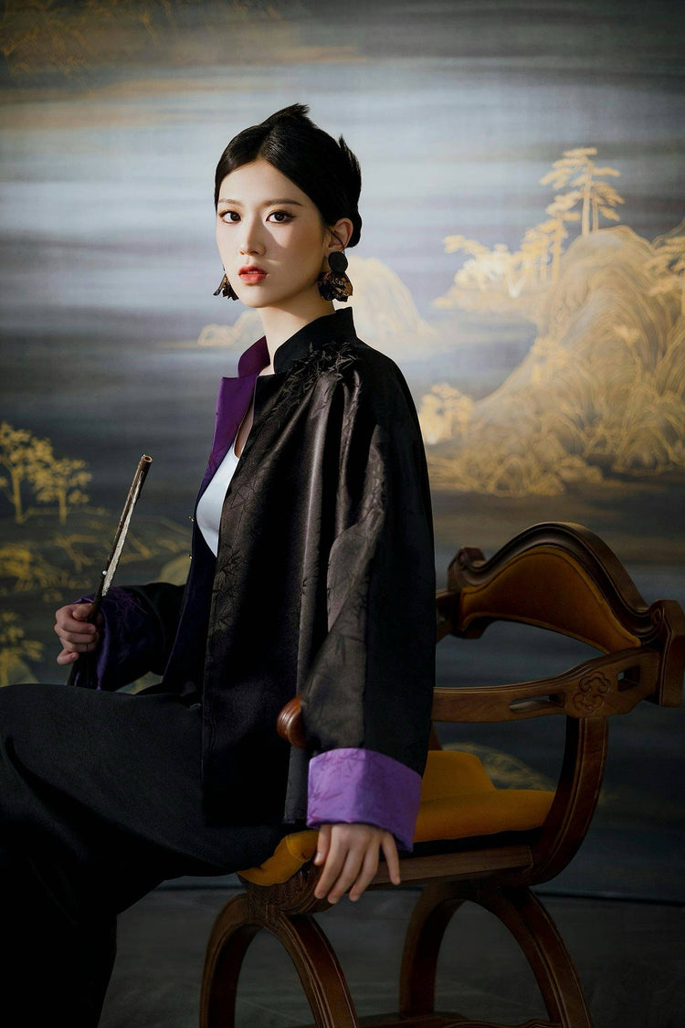 Black-purple reversible silk brocade jacket 黑紫雙面真絲提花外套