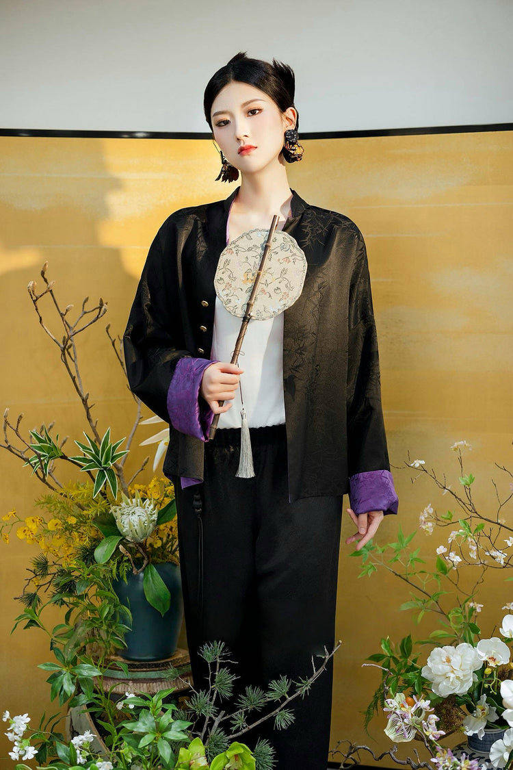 Black-purple reversible silk brocade jacket 黑紫雙面真絲提花外套