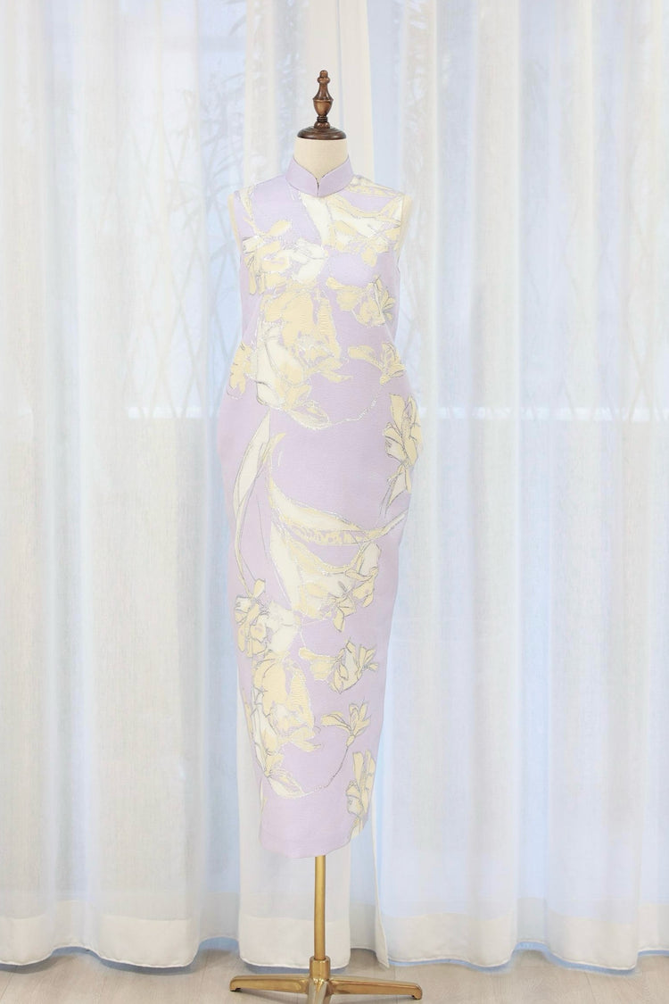 Lavender Silk Brocade Mandarin Collar Qipao 薰衣草織錦緞立領旗袍