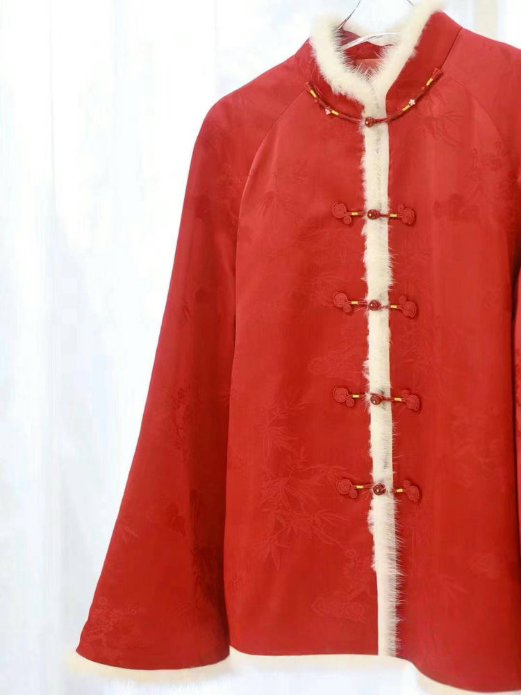 Red Silk Jacquard Mink-Trimmed Quilted Jacket 紅色夾棉真絲提花水貂毛外套