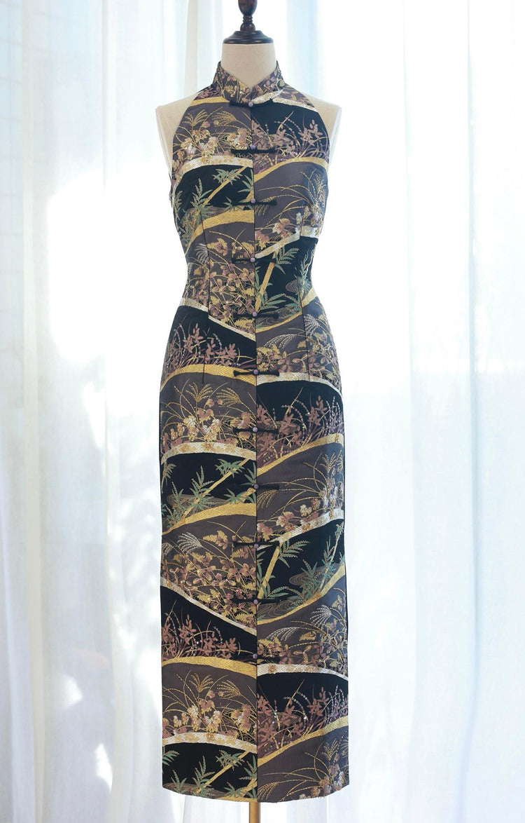 Dark Purple Patchwork Nishijin Brocade Vest Qipao (Exclusive Piece) 紫金繁花西陣織旗袍(孤品)