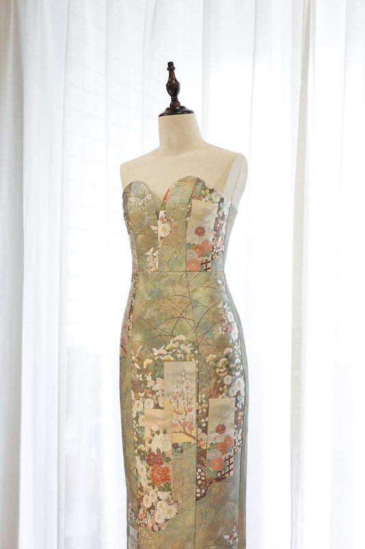 Gold-Green Nishijin Brocade Blooming Strapless Evening Gown (Exclusive piece) 金綠西陣織錦簇抹胸禮裙 (孤品)