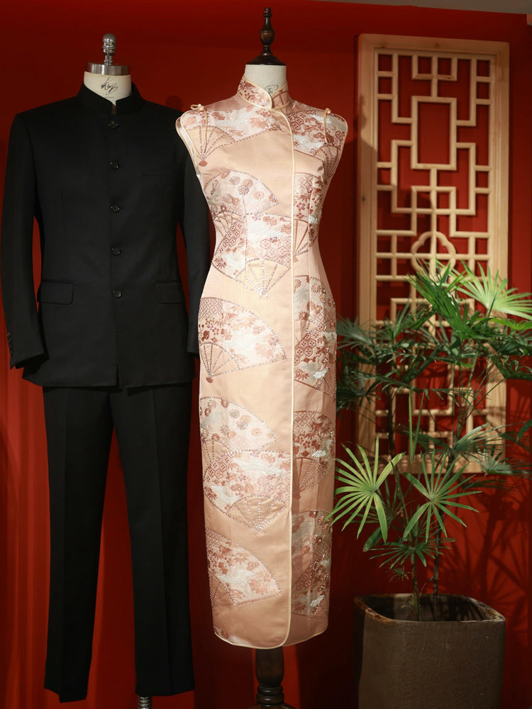Pink Nishijin Brocade Fan-Pattern Qipao (Exclusive Piece) 淺粉西陣織扇紋旗袍(孤品)