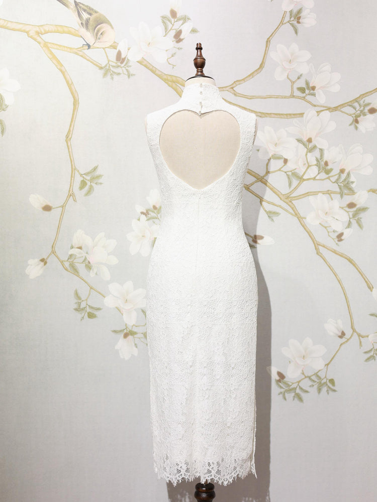 White Lace Heart Cutout Qipao Set 白色蕾絲心形鏤空旗袍套裝