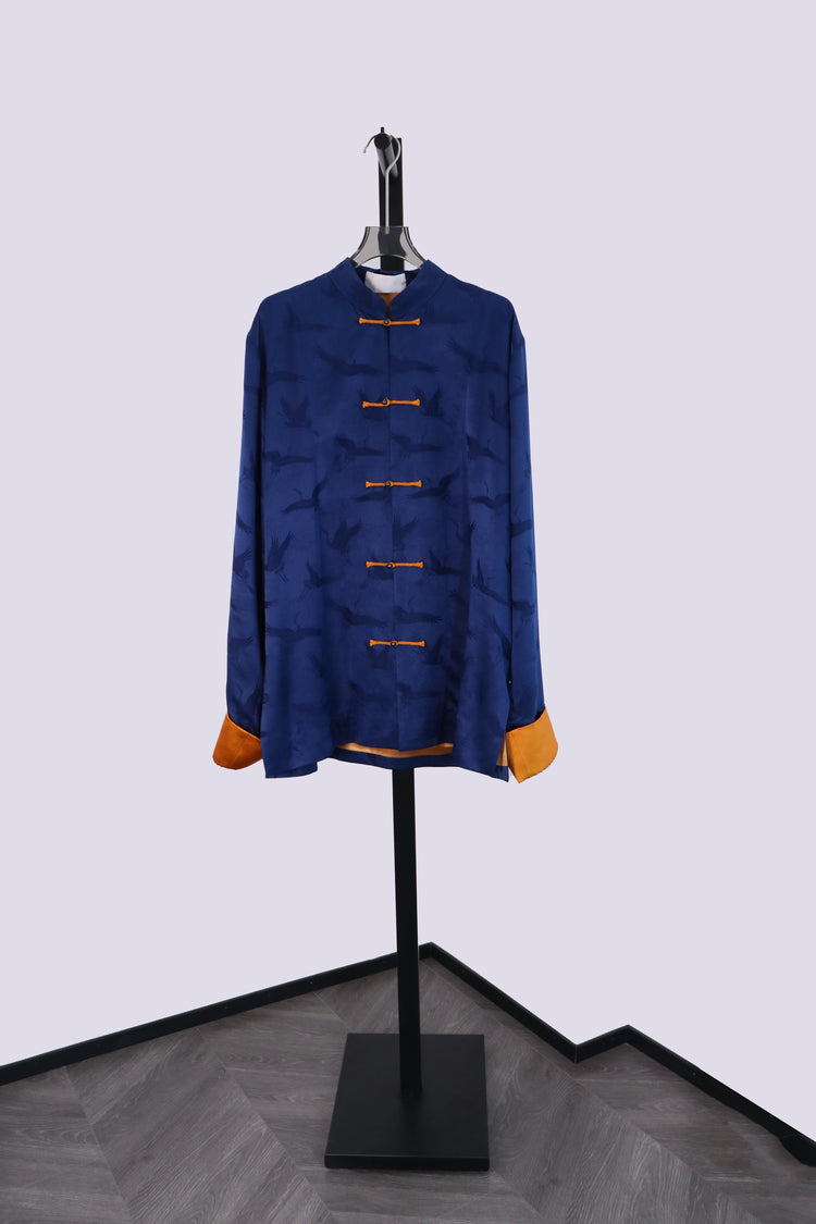 Blue Brocade Tang Jacket with Crane Motif 藍色提花仙鶴暗紋唐裝