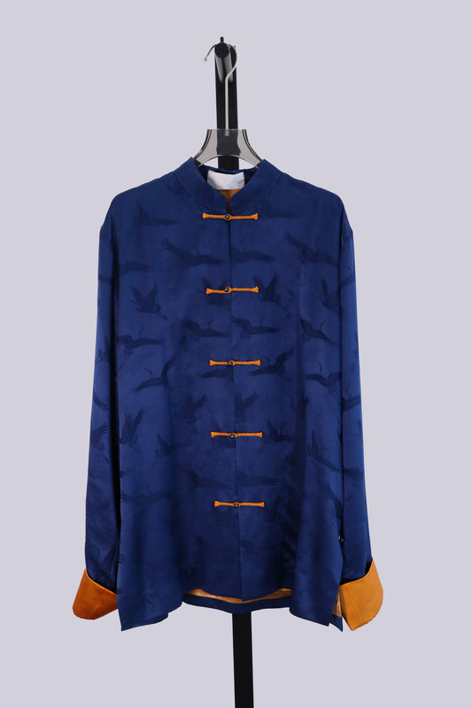 Blue Brocade Tang Jacket with Crane Motif 藍色提花仙鶴暗紋唐裝