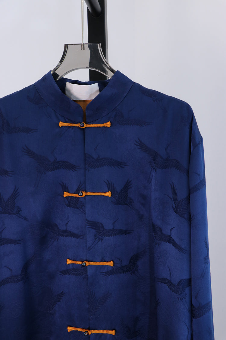 Blue Brocade Tang Jacket with Crane Motif 藍色提花仙鶴暗紋唐裝
