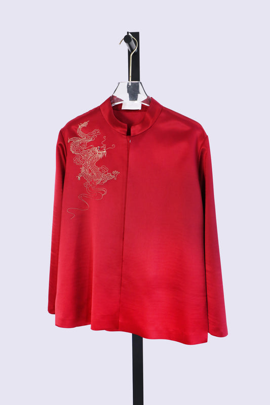 Red Silk Tang Jacket with Golden Dragon Embroidery 紅色真絲金龍刺繡唐裝