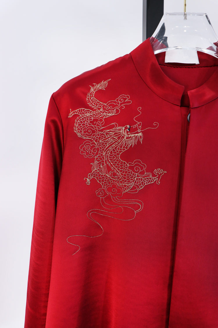 Red Silk Tang Jacket with Golden Dragon Embroidery 紅色真絲金龍刺繡唐裝