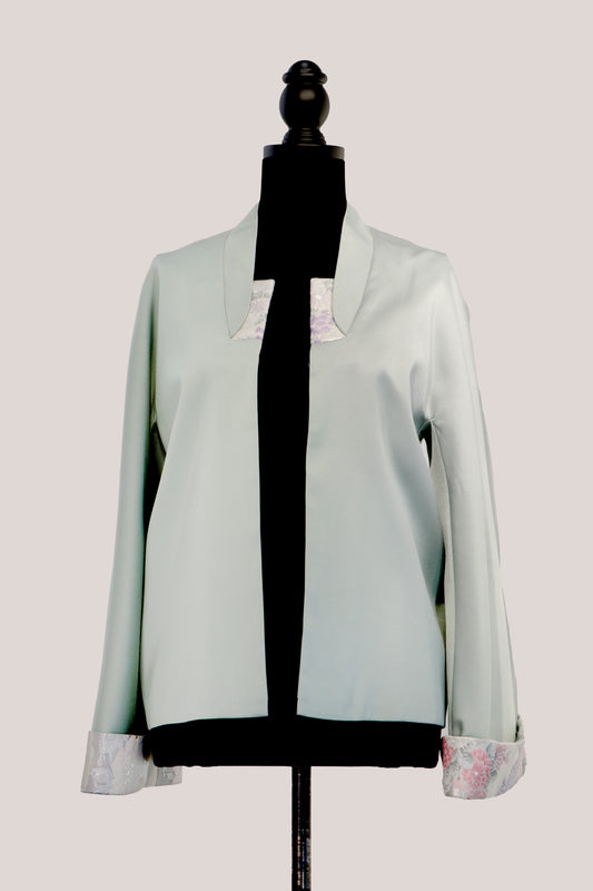 Moss Green Jacket with Nishijin Weave Panels 薄荷綠西陣織拼接外套