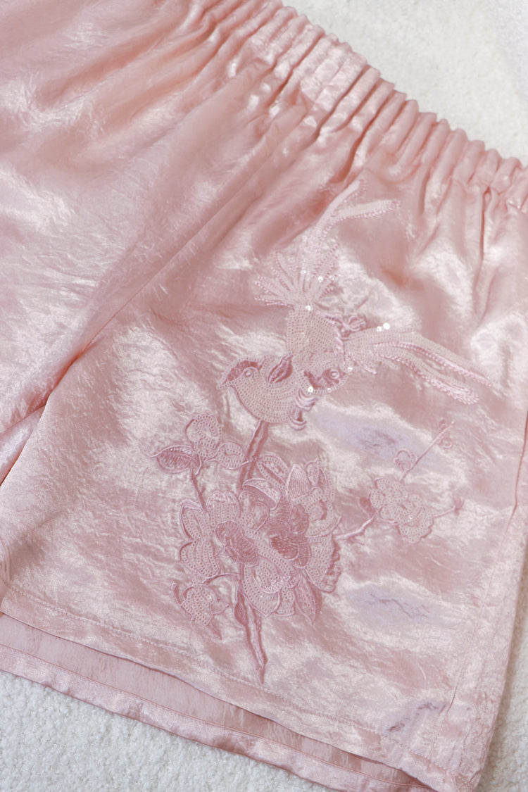 Silken Echo Shorts with Embroidered Birdsong 繡影雀語真絲短褲
