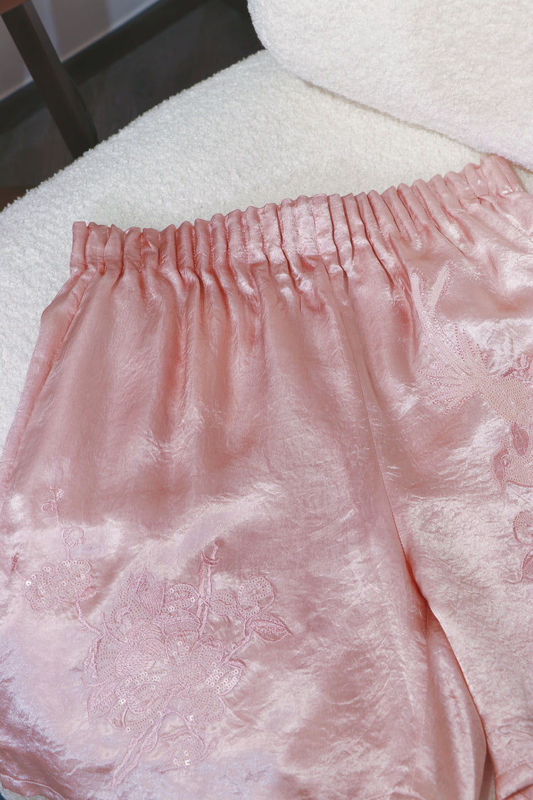 Silken Echo Shorts with Embroidered Birdsong 繡影雀語真絲短褲