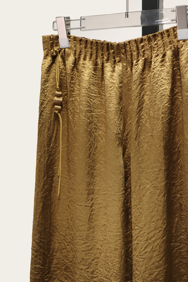Golden Silk Wide-Leg Trousers with Tassel Drawstring 香檳金真絲流蘇綁繩長褲