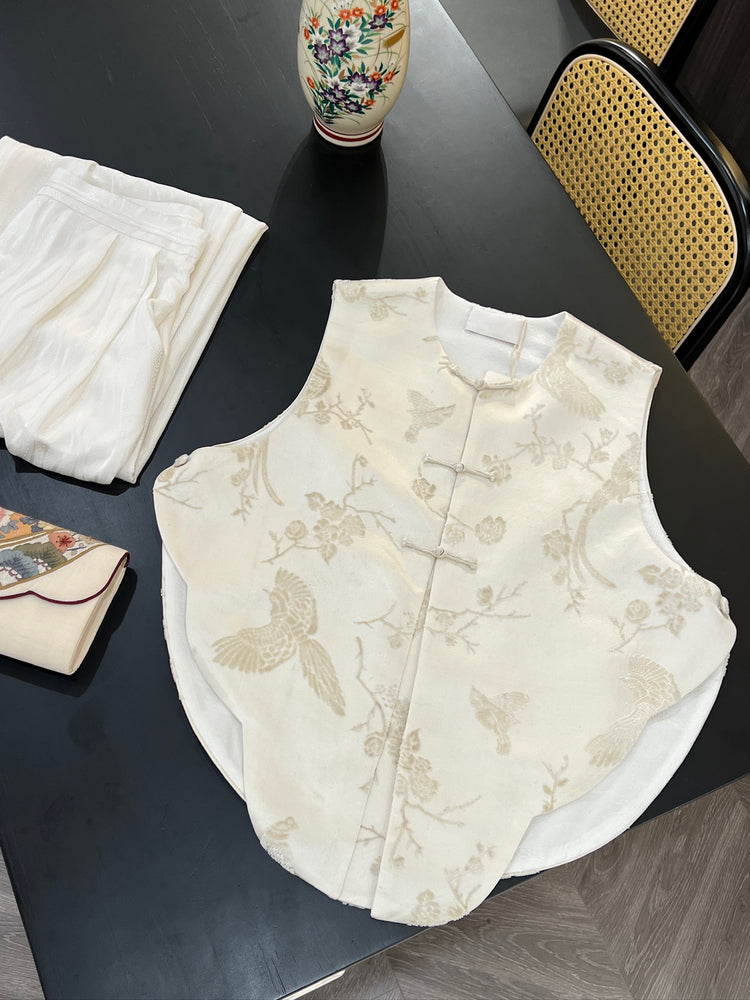 Ivory Bird Brocade Vest (Exclusive Piece)漳絨白鳥馬甲(孤品)