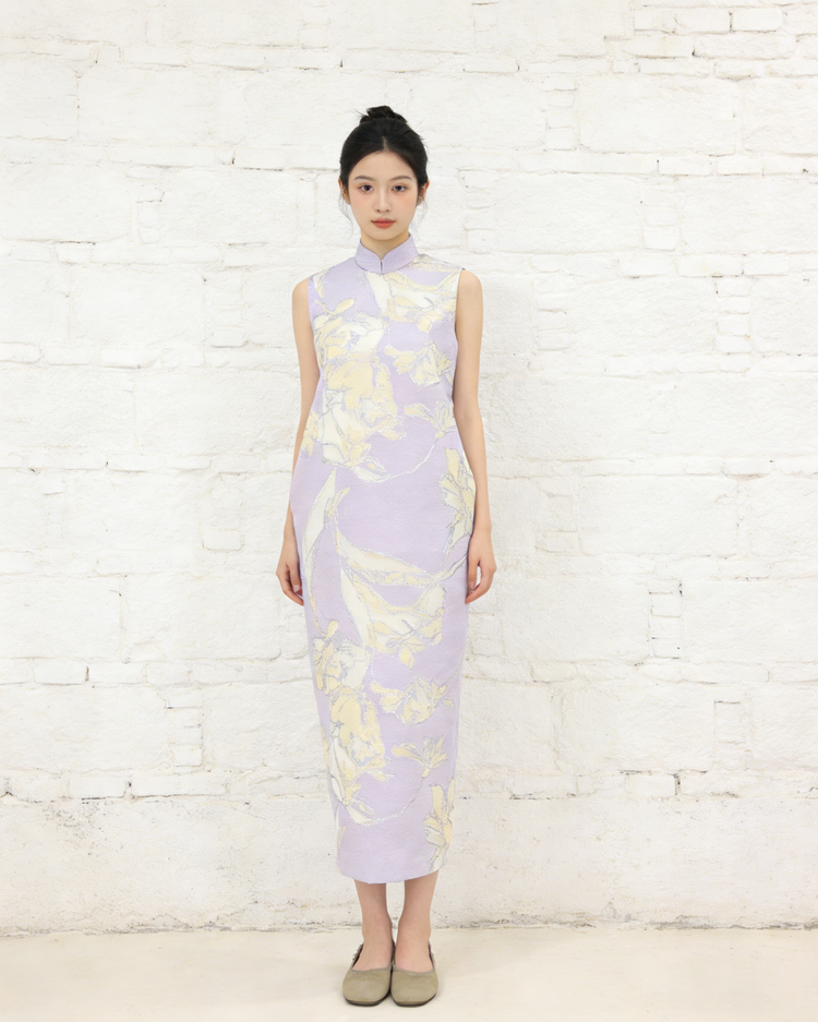 Lavender Silk Brocade Mandarin Collar Qipao 薰衣草織錦緞立領旗袍
