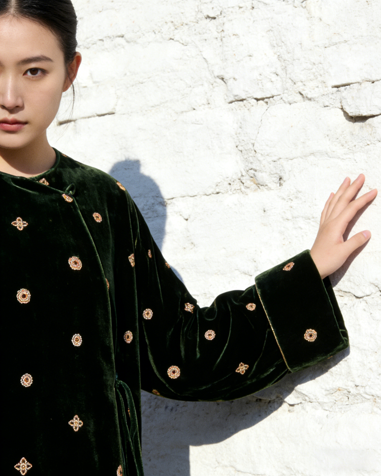 Green Baoxiang Motif Silk Velvet Top 綠色寶相紋絲絨上衣