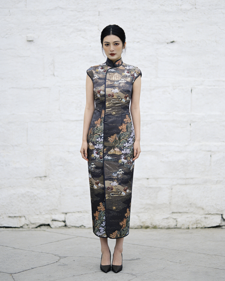 Grey Nishijin Brocade Qipao (Exclusive Piece) 灰色繁花西陣織旗袍(孤品)