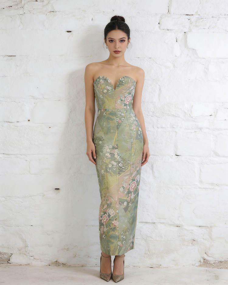Gold-Green Nishijin Brocade Strapless Evening Gown (Exclusive Piece) 金綠西陣織抹胸禮裙 (孤品)
