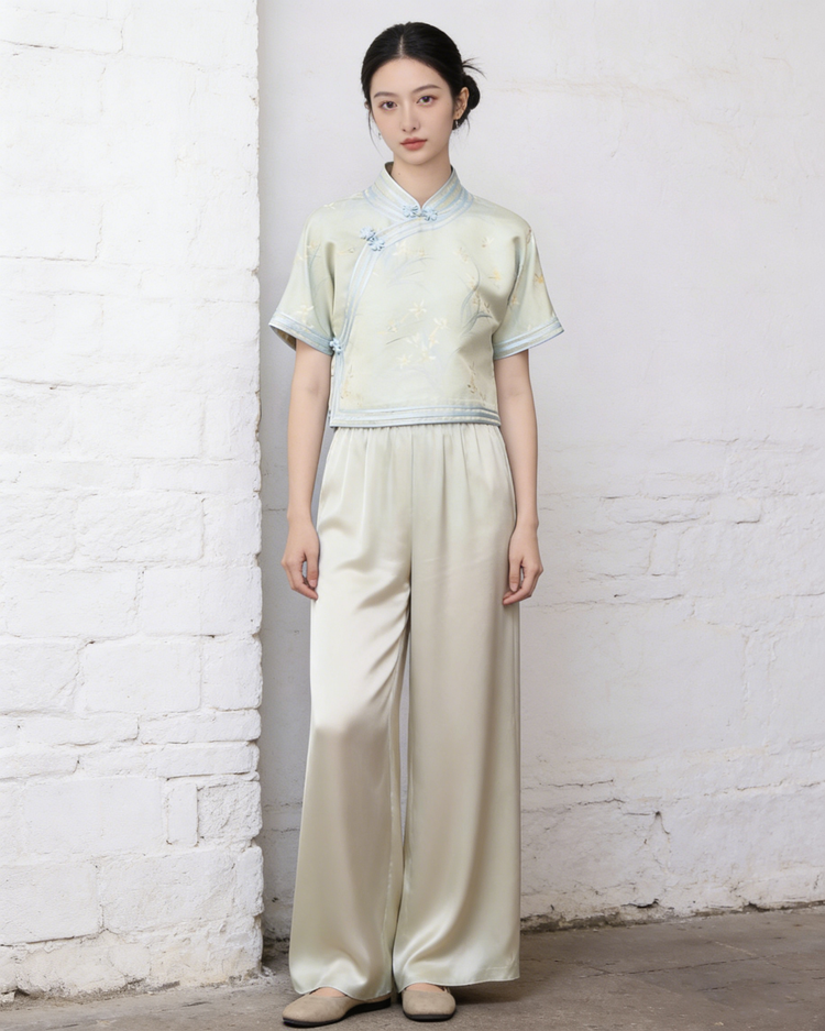Turquoise Song Brocade Short-Sleeve Full-Opening Shirt 藍綠色宋錦全開襟短袖