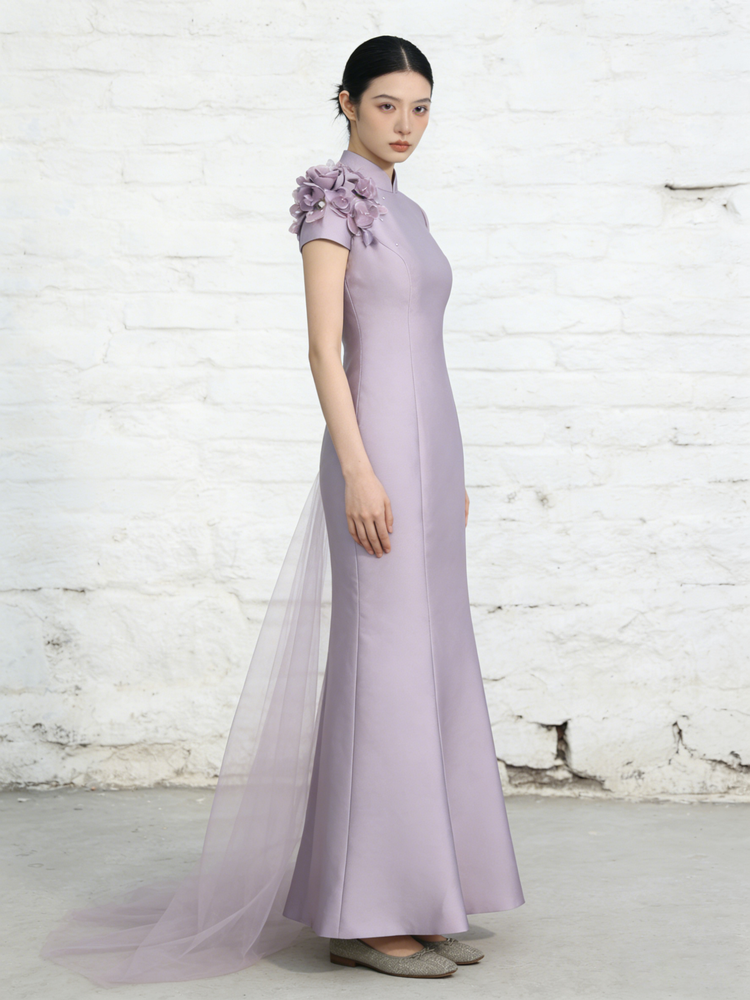 Taro Lilac 3D Floral Backless Tulle Train Gown 香芋紫立體花露背紗拖尾禮服