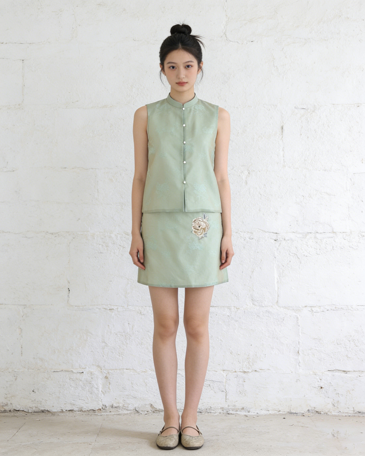 Mint Green Hand-Embroidered Sheer Sleeveless Set (Exclusive Piece) 薄荷綠手繡紗無袖套裝(孤品)