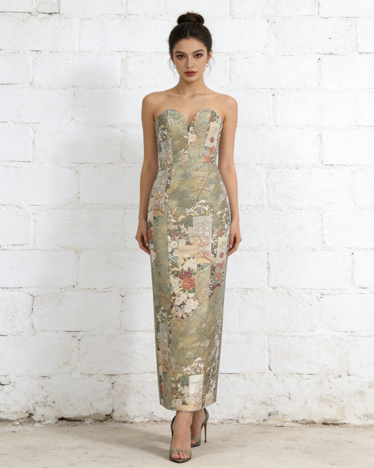 Gold-Green Nishijin Brocade Blooming Strapless Evening Gown (Exclusive piece) 金綠西陣織錦簇抹胸禮裙 (孤品)