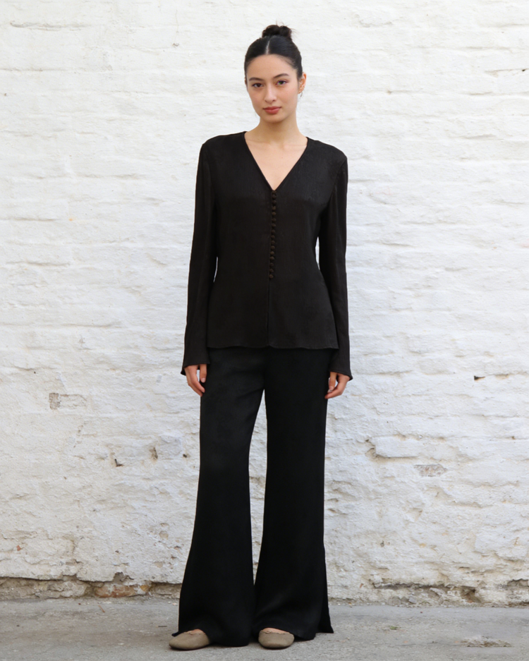 Black Xiangyun Silk Wide-leg Trousers 黑色香雲紗開衩長褲