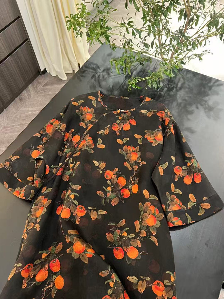 "Prosperous Persimmons" Wide-Sleeve Xiangyun Silk Dress「柿柿如意」香雲紗寬袖連衣裙