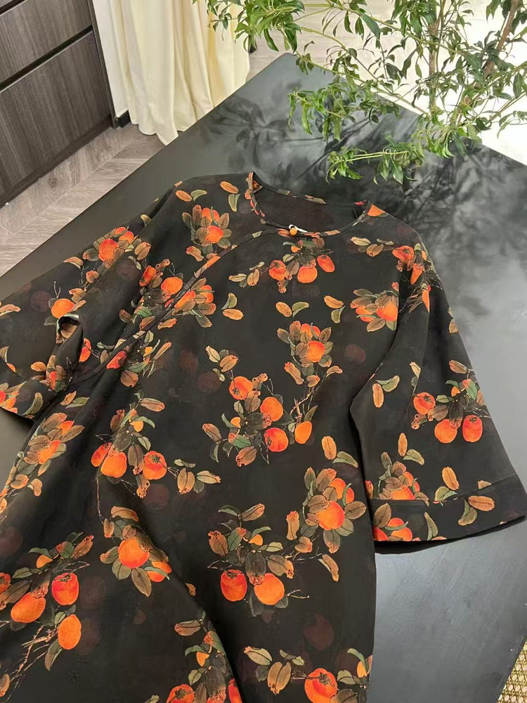 "Prosperous Persimmons" Wide-Sleeve Xiangyun Silk Dress「柿柿如意」香雲紗寬袖連衣裙