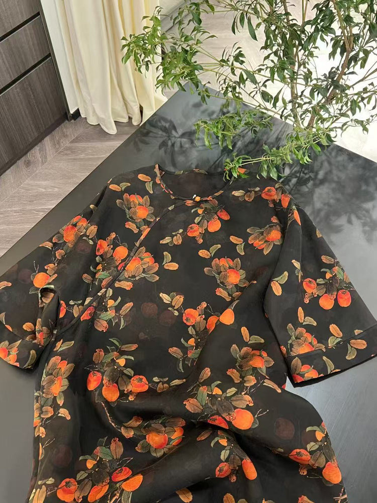 "Prosperous Persimmons" Wide-Sleeve Xiangyun Silk Dress「柿柿如意」香雲紗寬袖連衣裙