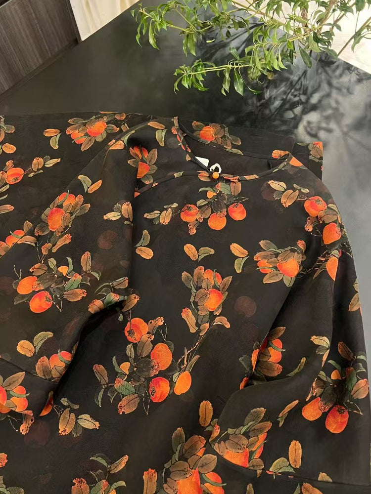 "Prosperous Persimmons" Wide-Sleeve Xiangyun Silk Dress「柿柿如意」香雲紗寬袖連衣裙