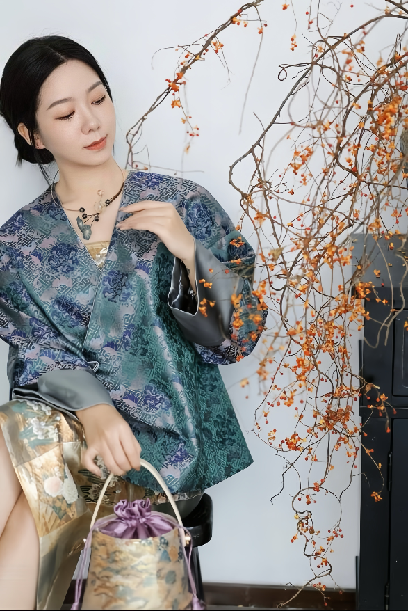 Song Brocade Purple-Blue Floral Jacket 宋錦紫青繁花外套