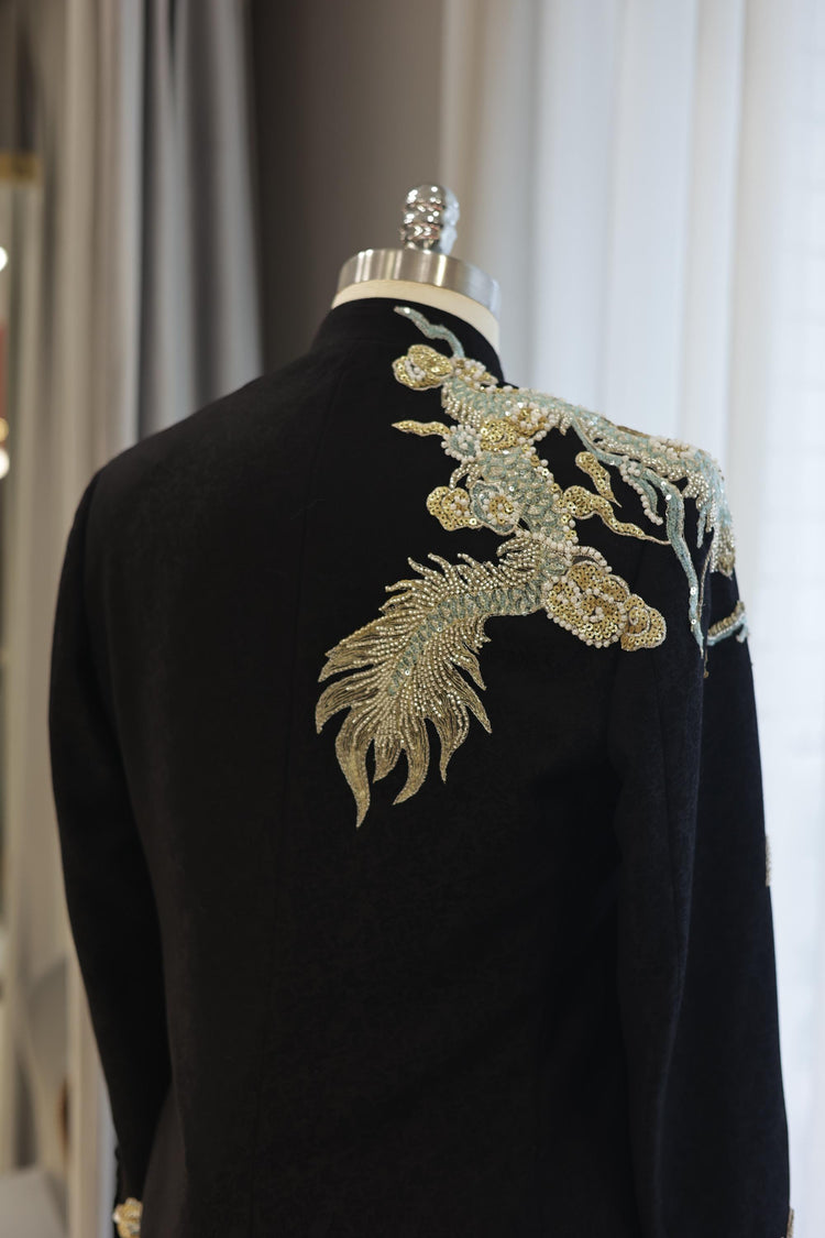 Black Mandarin Jacket with Gold Embroidered Auspicious Dragon 玄黑金繡祥龍中山裝