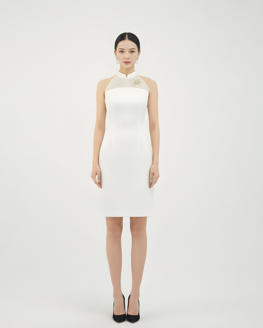 Golden Silk Embroidery Sheer White Short Qipao 金絲繡手繡紗白色短旗袍