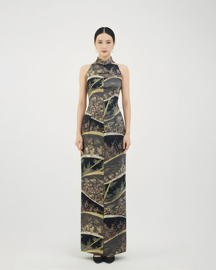 Dark Purple Patchwork Nishijin Brocade Vest Qipao (Exclusive Piece) 紫金繁花西陣織旗袍（孤品）