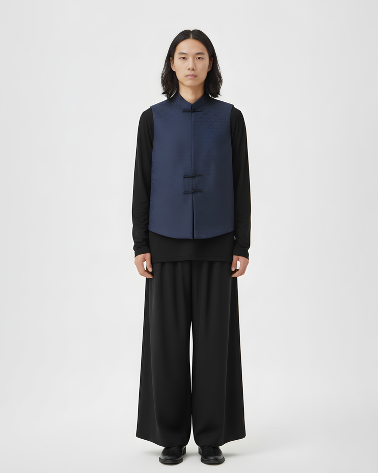 Dark Blue Cloud Fan Brocade Vest 深藍雲扇紋提花馬甲