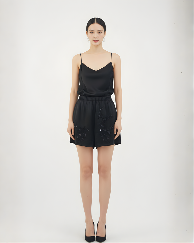 Silken Echo Shorts with Embroidered Birdsong 繡影雀語真絲短褲