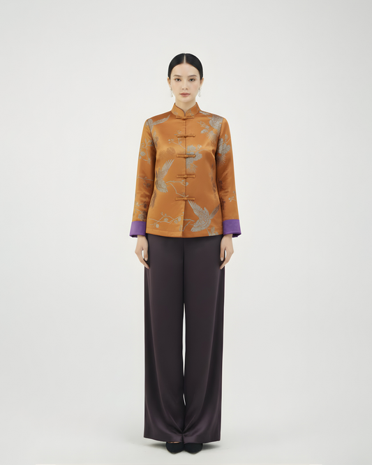 Purple Turn-Up Sleeve Orange Silk Lightweight Jacket 紫色翻袖橙色真絲薄外套