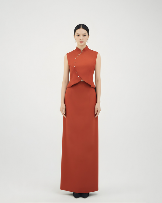 Vermilion Silk Jacquard New Chinese Style Set 朱砂真絲提花新中式套裝