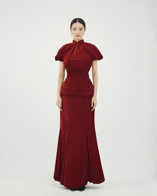 Burgundy Velvet Modern Qipao 酒红天鹅绒改良旗袍