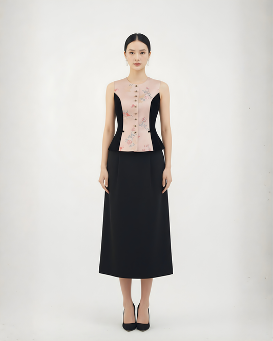 Pink Floral Song Brocade & Velvet Vest 粉黛流芳宋錦絲絨馬甲