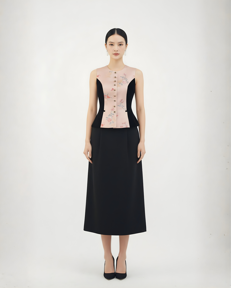 Pink Floral Song Brocade & Velvet Vest 粉黛流芳宋錦絲絨馬甲