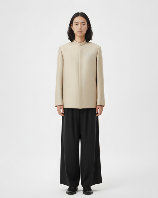 Light Gold Zhongshan Suit with Auspicious Cloud Embroidery 金韻祥雲中山裝