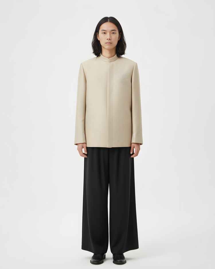 Light Gold Zhongshan Suit with Auspicious Cloud Embroidery 金韻祥雲中山裝