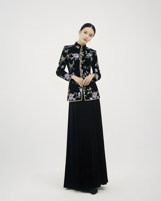 Black Velvet French Embroidered Jacket 黑色天鹅绒法式刺绣夹克