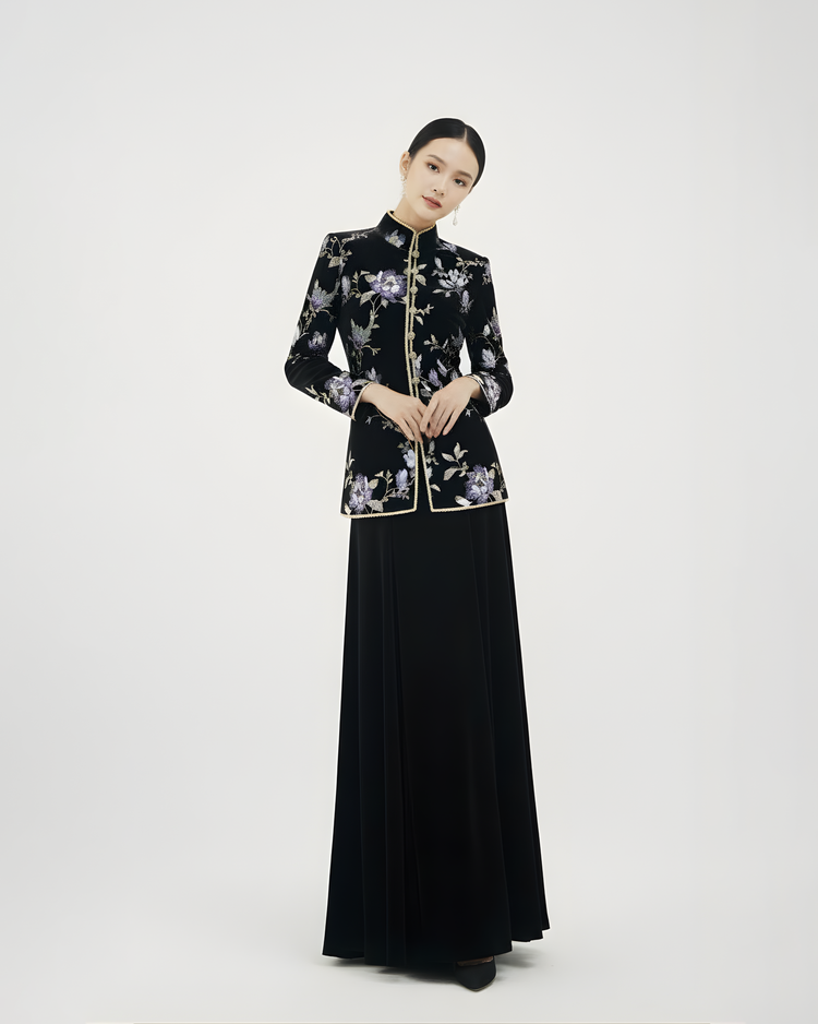 Black Velvet French Embroidered Jacket 黑色天鹅绒法式刺绣夹克