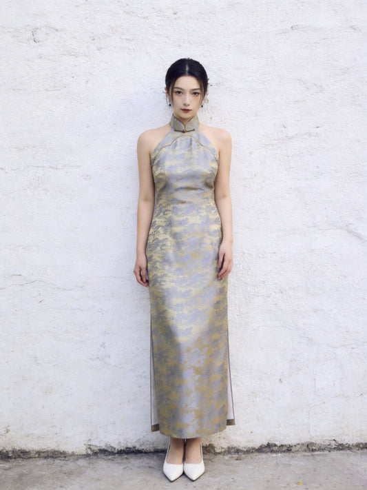 Golden Pavilion Brocade Halterneck Cheongsam 金絲亭臺樓閣提花坎肩旗袍
