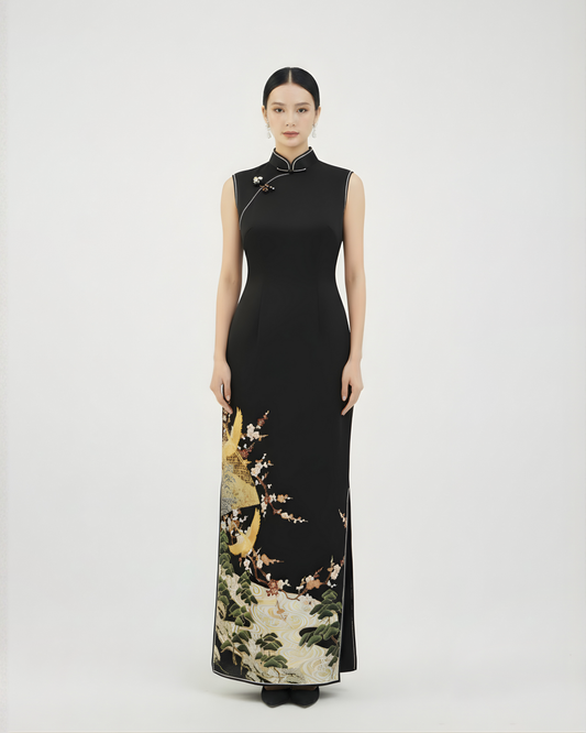 Cranes in Shadow Black & Gold Silk Qipao (Exclusive Piece) 鶴影·黑金正絹旗袍（孤品）