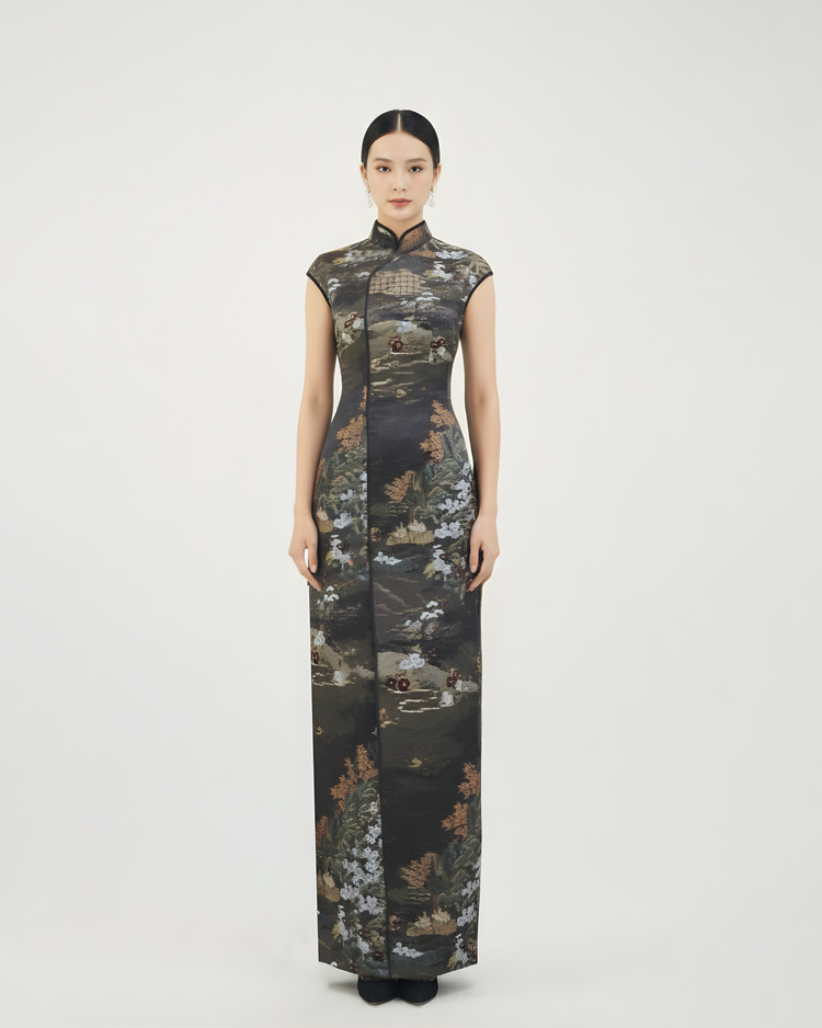 Grey Nishijin Brocade Qipao (Exclusive Piece) 灰色繁花西陣織旗袍（孤品）